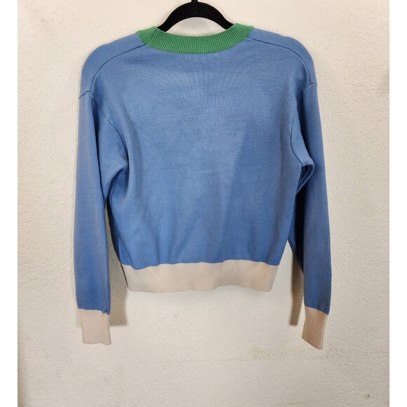 Plastic Island Cardigan Small Blue Green Colorblock V-Neck Preppy Knit Sweater - Picture 2 of 7